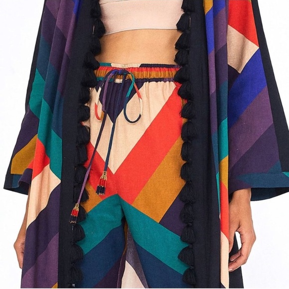 M FARM RIO Amanda Linen Stripe Kimono Wrap Duster - Picture 3 of 11